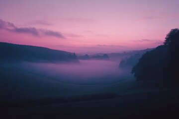 Obraz premium Misty valley at sunrise, pink hues. Perfect for projects needing peaceful, serene mood.