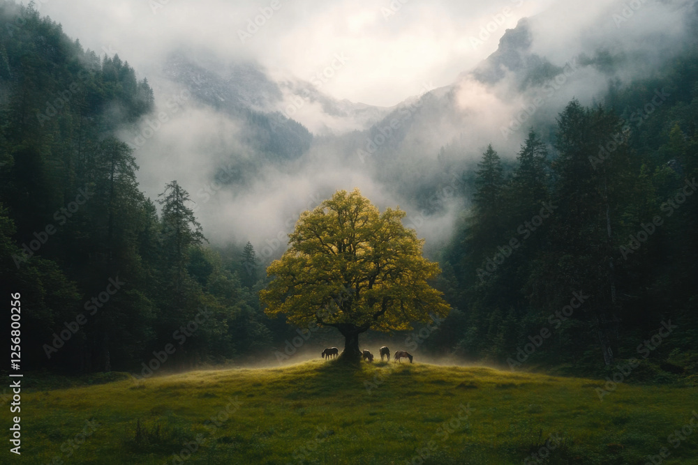 Poster a large tree stands in a field with a group of animals grazing in the background