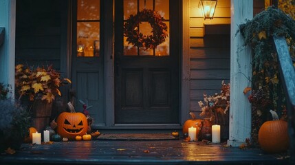 Obraz premium Cozy Halloween Decor with Pumpkins and Lantern at Front Door