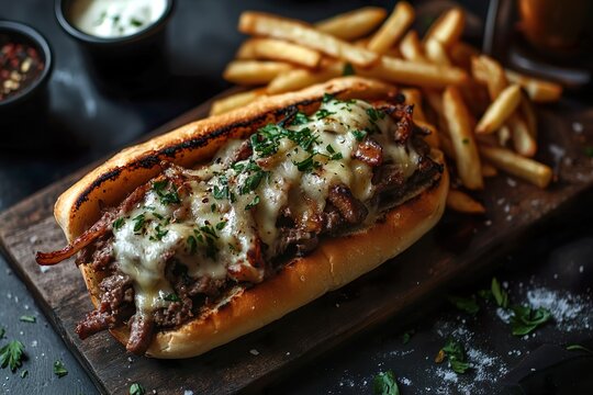 Gourmet Philly Cheesesteak with fries generative AI
