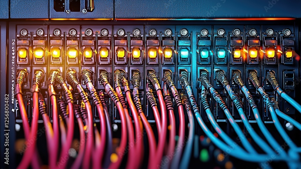 Poster dynamic network cables with colorful lights in a server room