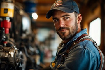Portrait of a bearded worker in a denim jacket with a confident expression