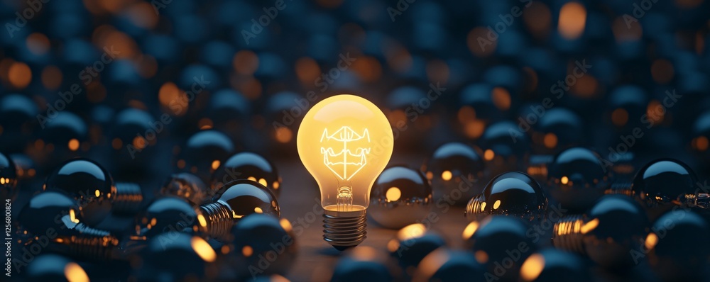 Poster bright lightbulb shining new ideas in dark with filament forming globe icon