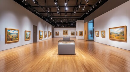 Spacious Art Gallery Interior with Paintings and Wooden Flooring