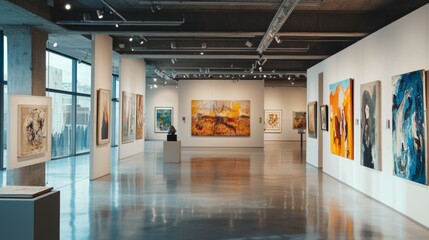 Modern Art Gallery Exhibit with Colorful Paintings and Bright Space