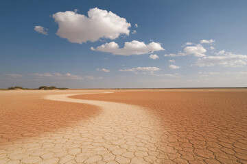 A dry, barren desert with a long, winding path through it