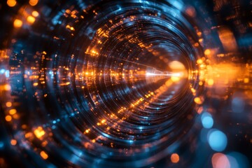 Obraz premium Futuristic abstract tunnel with glowing orange lights and motion blur