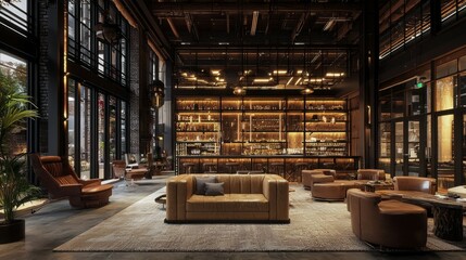 Cozy Modern Lounge with Warm Lighting and Elegant Seating Options