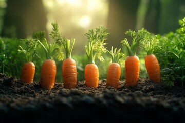Freshly harvested small carrots growing in rich soil with sunlight