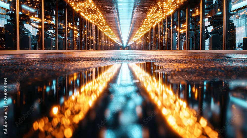 Poster stunning industrial automation backdrop featuring illuminated pathways and reflections. vibrant ligh
