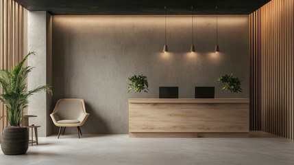 Modern Reception Area with Elegant Wood Finishes and Greenery