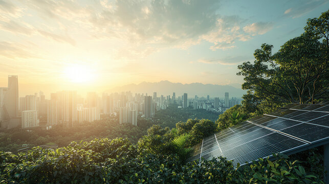 vibrant eco city scene showcasing solar panels amidst lush greenery, with stunning sunset illuminating skyline
