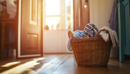 Fototapeta premium Sunlight Illuminates Laundry Basket on Wooden Floor