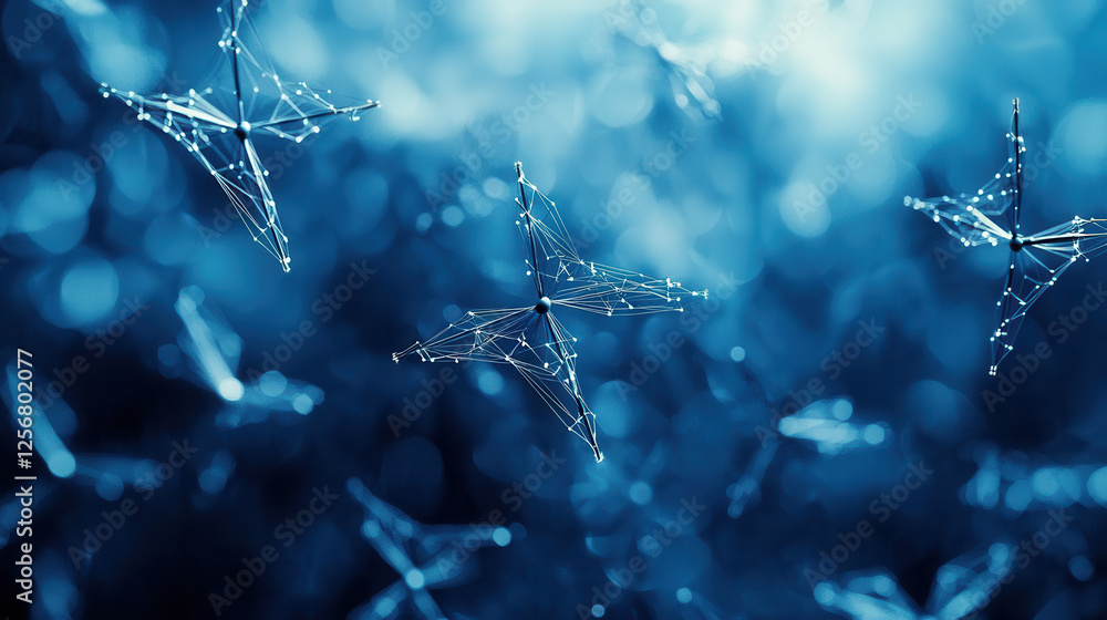 Poster futuristic blue abstract design with interconnected nodes and shapes, representing technology and in