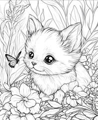 coloring page for kids cartoon style a small cute dog near a flower and a butterfly for coloring