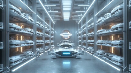 Futuristic Car Storage Facility with Sleek Vehicles and Neon Lights