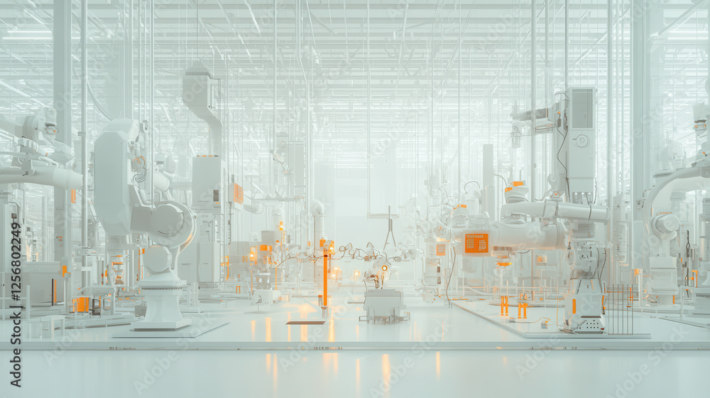 Poster futuristic robotics and automation scene featuring advanced machinery and robotic arms in bright, in