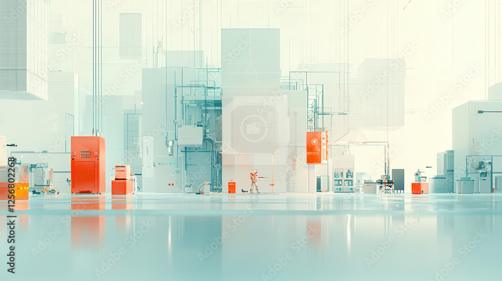 Poster futuristic robotics and automation scene in bright industrial space, showcasing advanced technology 