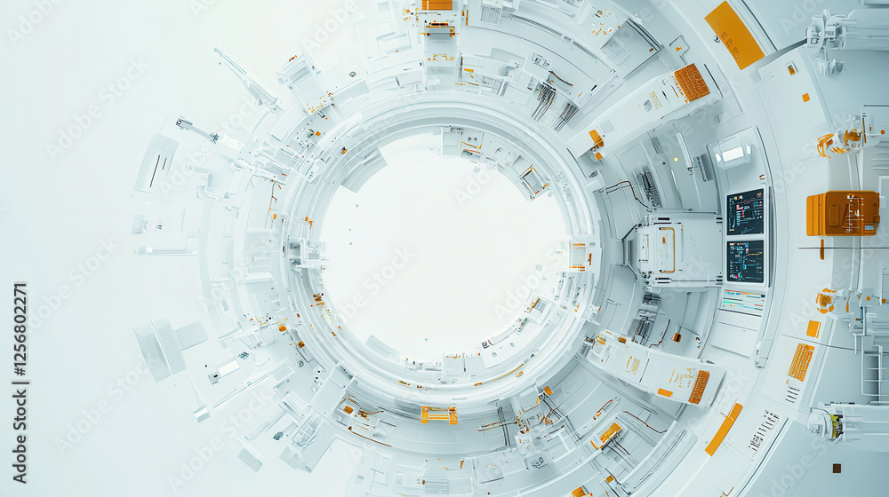 Poster futuristic robotics and automation scene with circular design, showcasing advanced technology and cl