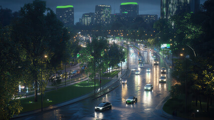 Naklejka premium futuristic urban landscape featuring green transportation network at night, with illuminated buildings and wet roads reflecting city lights