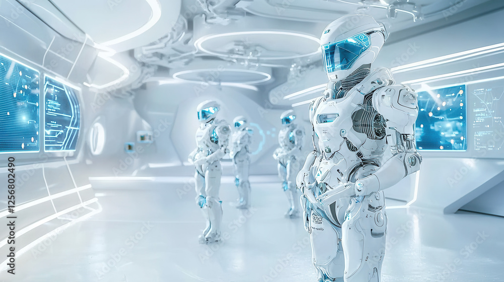 Poster futuristic robots high tech environment with advanced technology. scene showcases sleek designs and 