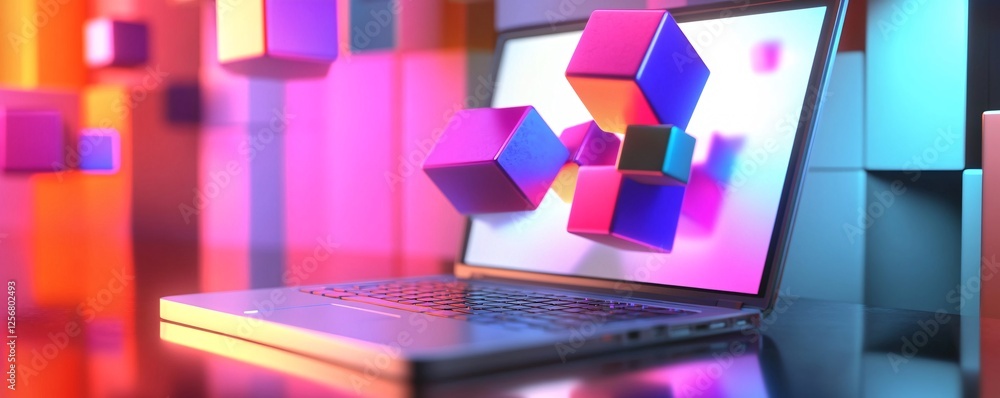 Poster Laptop showing colorful cubes floating in abstract space