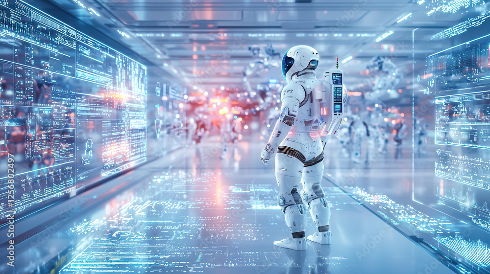 Poster futuristic smart technology scene featuring humanoid robot interacting with digital interfaces and a