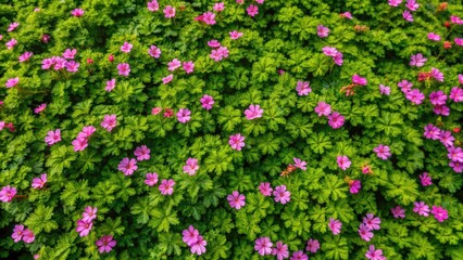 Fototapeta premium Aerial View Wild Geranium Hedgerow Spring Bloom, Geranium maculatum Photography