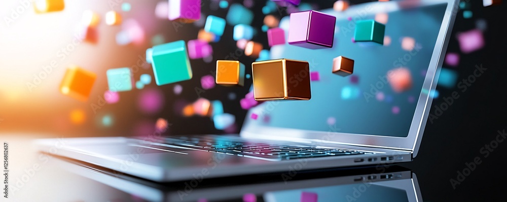 Poster Laptop showing colorful cubes floating from screen symbolizing creative ideas