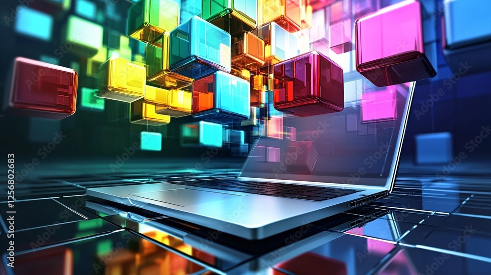Leinwandbilder Laptop generating colorful 3d cubes floating above keyboard