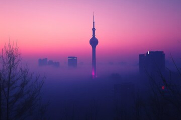 Obraz premium Urban skyline with telecommunications tower against purple twilight sky