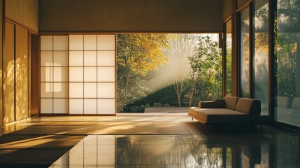 Fototapeta premium Serene Japanese-Style Living Room with Natural Light and Greenery