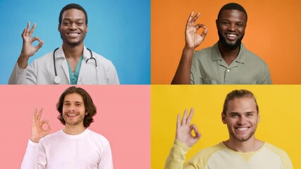 Four men of different backgrounds display the okay hand gesture, promoting a message of health and wellness. This diverse representation emphasizes unity in healthcare.