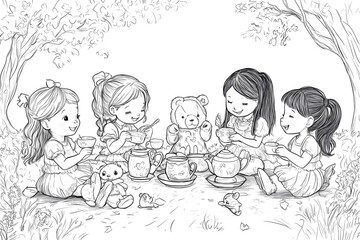 make me a kids coloring page of a group of girls and stuffed animals having a tea party