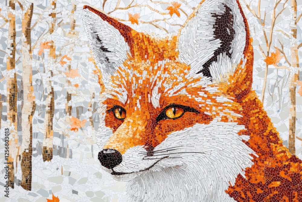Poster mosaic fox portrait surrounded by intricate patterns with a snowy forest background showcasing winte