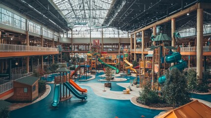 Vibrant Indoor Water Park with Colorful Slides and Attractions