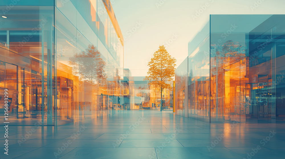 Poster modern eco tech environment with glass architecture and trees