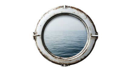 Fototapeta premium Rusty porthole showing calm ocean view with transparent background