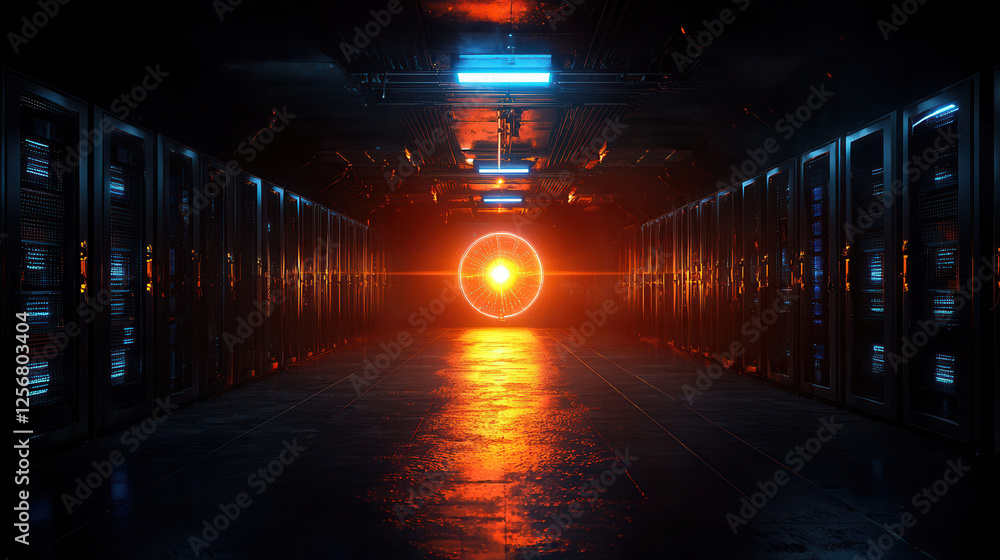 Poster futuristic data center with glowing lights and central orb, creating dramatic atmosphere