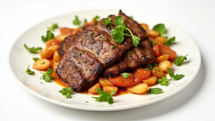 Grilled Steak with Roasted Vegetables on a White Plate