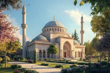 Obraz premium Mosque architecture, spring garden, sunrise