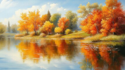 Tranquil Autumn Landscape with Vibrant Trees and Reflective Lake Under a Bright Sky