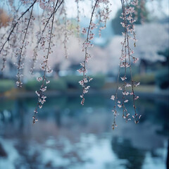 Obraz premium Tranquil Weeping Cherry Blossoms Overlooking a Serene Pond