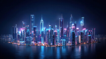 Obraz premium vibrant digital urban landscape showcasing futuristic skyscrapers illuminated by neon lights, reflecting on water