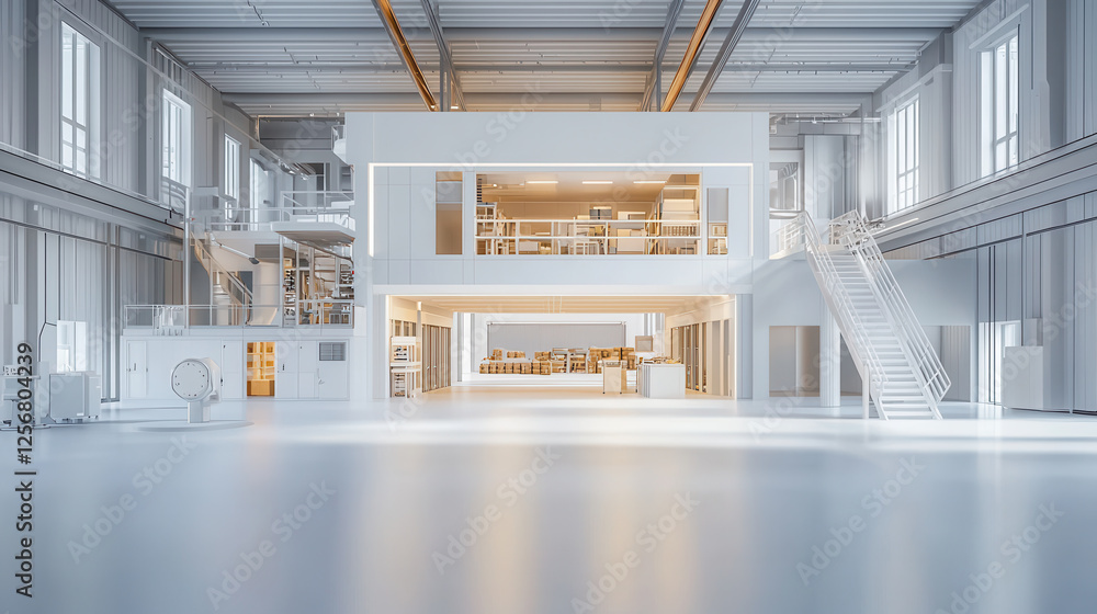Poster modern industrial facility with open spaces and advanced design features, showcasing clean and organ
