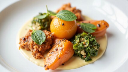 Gourmet Roasted Vegetable Dish with Creamy Sauce and Fresh Herbs