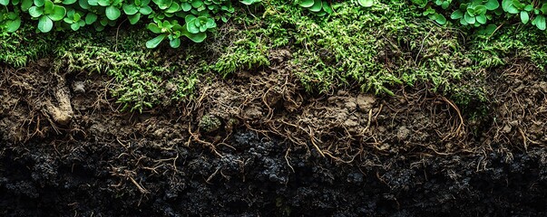 Land biology texture Rich Soil with Green Plants and Fresh Moss Captured in Detailed Nature Close-Up Image