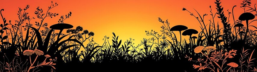 Land biology texture Silhouetted Grass and Mushrooms Against a Vibrant Sunset Sky with Warm Color Gradients