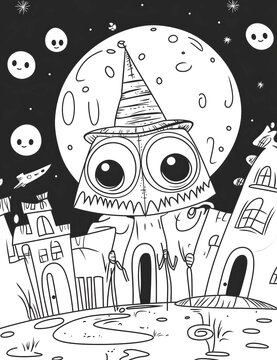 a coloring page for kids Halloween book showing a friendly Alien A friendly alien with large eyes and antennae Simple Halloween hanted house on a backgound nig
