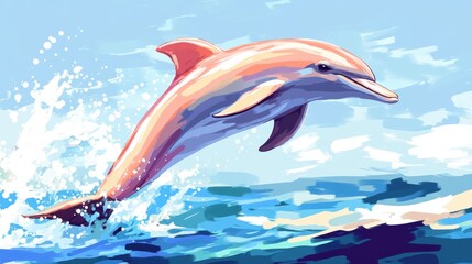 Playful Dolphin Leaping From Vibrant Ocean Waves in Artistic Style